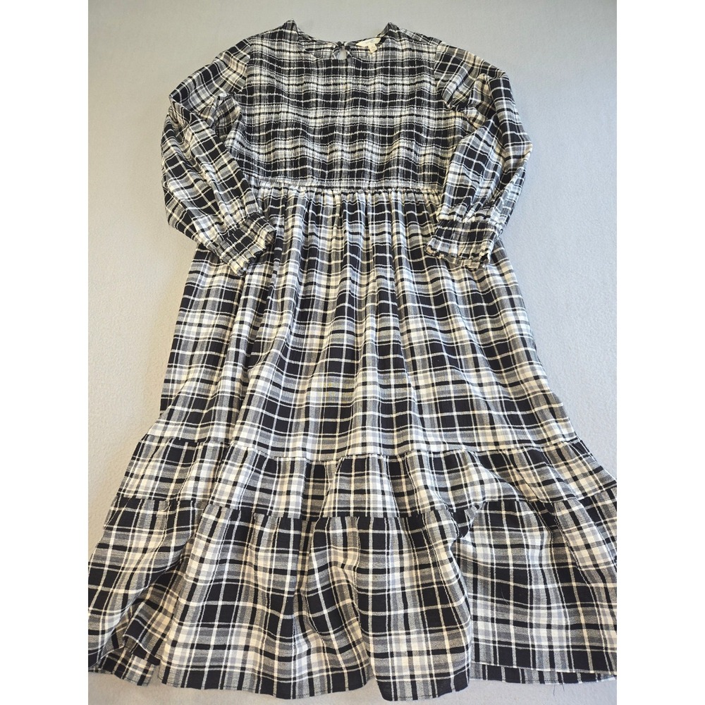 Terra &โ Sky Plaid Tiered Midi Dress Womens 1X Black White Smocked Long Sleeve